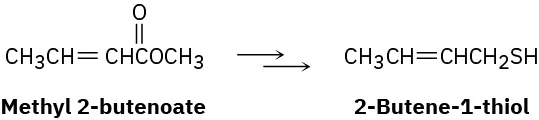 The structures of methyl 2-butenoate and 2-butene-1-thiol, separated from one another by two reaction arrows.