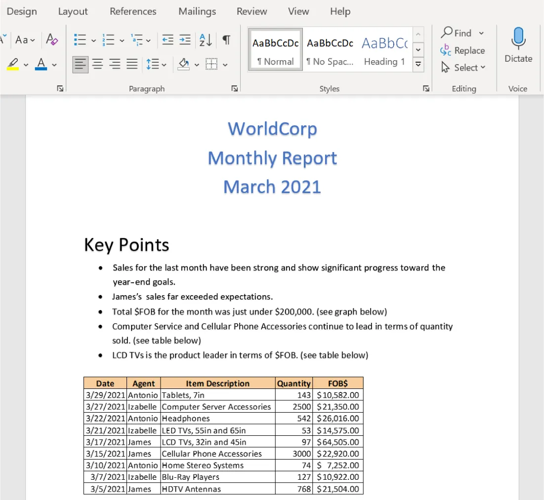 An Excel table is displayed at the bottom of a Word document.