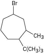 In a 7-membered carbon ring, C1, C2, and C4 are bonded to a C (C H 3) 3 group, a methyl group, and a bromine atom, respectively.