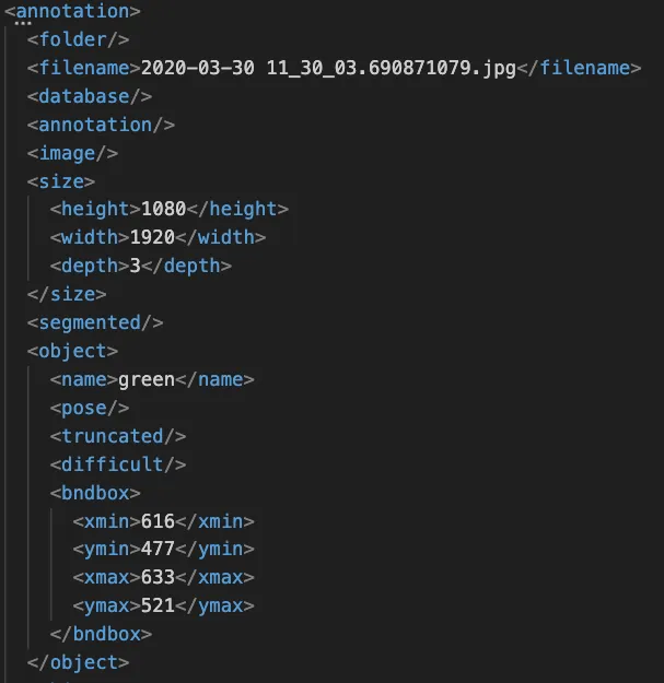 A screenshot of a code snippet displaying XML-formatted image metadata, including filename, dimensions, and bounding box coordinates for a green object within the image.