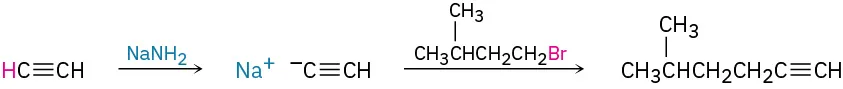Acetylene reacts with sodium amide to give sodium acetylide. It further reacts with 1-bromo-3-methylbutane to produce 5-methyl-1-hexene.