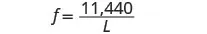 A mathematical equation shows f equals 11,440 divided by L. The variable 'f' is on the left side of the equation, and a fraction with '11,440' as the numerator and 'L' as the denominator is on the right.