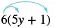 A mathematical expression 6(5y + 1) with two blue arrows showing the distribution of 6 to both 5y and 1, illustrating the distributive property.