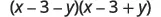 A mathematical expression showing the product of two binomials: (x - 3 - y)(x - 3 + y). This is an example of the difference of squares formula.
