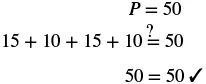 A mathematical equation checks if 15 + 10 + 15 + 10 equals 50, confirming the sum is indeed 50 with a checkmark, potentially demonstrating a perimeter calculation.