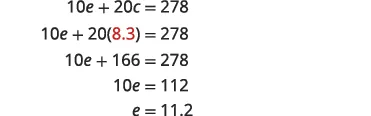 A step-by-step solution to an algebraic equation, starting with 10e + 20c = 278, substituting c with 8.3, and solving for e, resulting in e = 11.2.