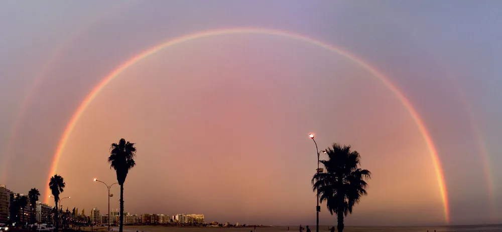 A breathtaking double rainbow arches across a pastel sunset sky over a vibrant coastal city with silhouetted palm trees and illuminated buildings along the beachfront.
