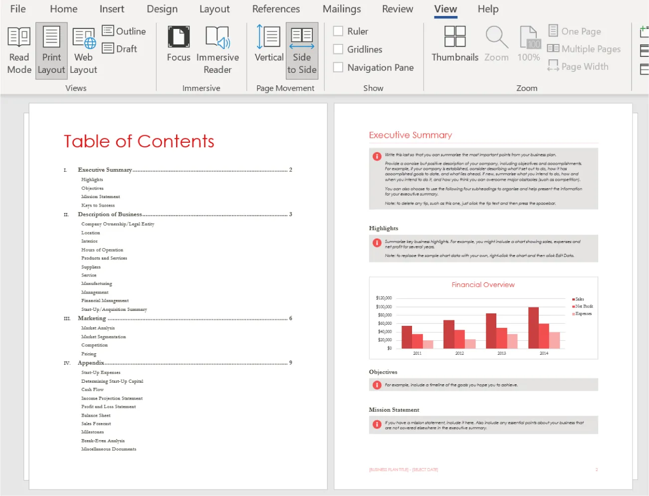 Side to Side is selected in the Page movement command group of the View tab. Two pages of a document are visible side by side on the screen.