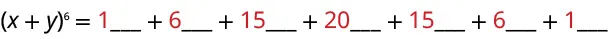 The image displays the binomial expansion of (x+y)^6, with the numerical coefficients (1, 6, 15, 20, 15, 6, 1) filled in from Pascal's triangle. Underscores indicate the missing variable terms for each part of the expansion. The full expansion should be x^6 + 6x^5y + 15x^4y^2 + 20x^3y^3 + 15x^2y^4 + 6xy^5 + y^6.