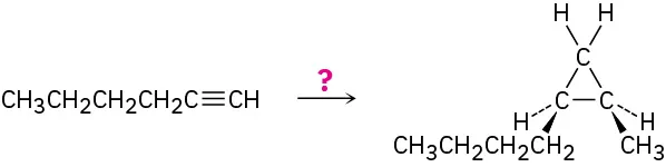 1-Hexyne reacts in the presence of an unknown reagent indicated by a question mark to form a C8 compound having a cyclopropane ring.