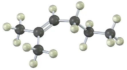 The ball and stick model of alkene that comprises a six-carbon chain. C2 and C3 are double bonded and black and gray spheres represent carbon and hydrogen, respectively.