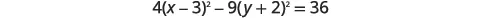 The image displays the mathematical equation 4(x-3)^2 - 9(y+2)^2 = 36, which is the standard form of a hyperbola.