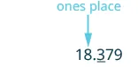 An illustration of place value, with an arrow pointing from 'ones place' to the digit '8' in 18.379, demonstrating its position. The digit '3' is also underlined.