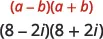 Mathematical expressions illustrating the difference of squares formula, (a - b)(a + b), and its application with complex numbers, (8 - 2i)(8 + 2i).