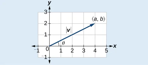 Gráfico estándar de un vector de posición (a,b) con magnitud |v| que se extiende en Q1 a los grados theta. 
