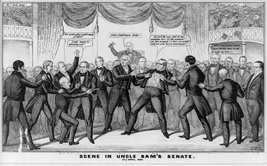 A cartoon shows Henry S. Foote drawing a pistol on Thomas Hart Benton. Benton declares, “Get out of the way, and let the assassin fire! let the scoundrel use his weapon! I have no arm’s! I did not come here to assassinate!” Foote, with several men restraining him, aims the gun at Benton with the response: “I only meant to defend myself!” In the background, Millard Fillmore wields his gavel, calling for order. Behind Foote, a senator yells, “For God’s sake Gentlemen Order!” To the right of Benton, Henry Clay says, “It’s a ridiculous matter, I apprehend there is no danger on foot!” In the galleries, visitors escape the scene.