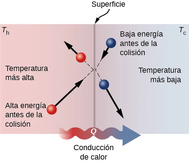 En la figura se muestra la sección transversal de una superficie como una línea vertical. A la izquierda hay una zona a mayor temperatura, a la derecha una zona con menor temperatura. Una molécula golpea la superficie desde la izquierda y rebota. Esto tiene una alta energía antes de la colisión en comparación con el después. Otra molécula a la derecha de la superficie la golpea. Esto tiene una baja energía antes de la colisión en comparación con el después.
