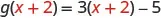 The equation g(x + 2) = 3(x + 2) - 5 is displayed, showing a function transformation where the input (x) is replaced by (x + 2) in a linear function.