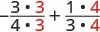 An equation for adding -3/4 and 1/3, showing the fractions multiplied by factors to achieve a common denominator of 12: -(3*3)/(4*3) + (1*4)/(3*4).