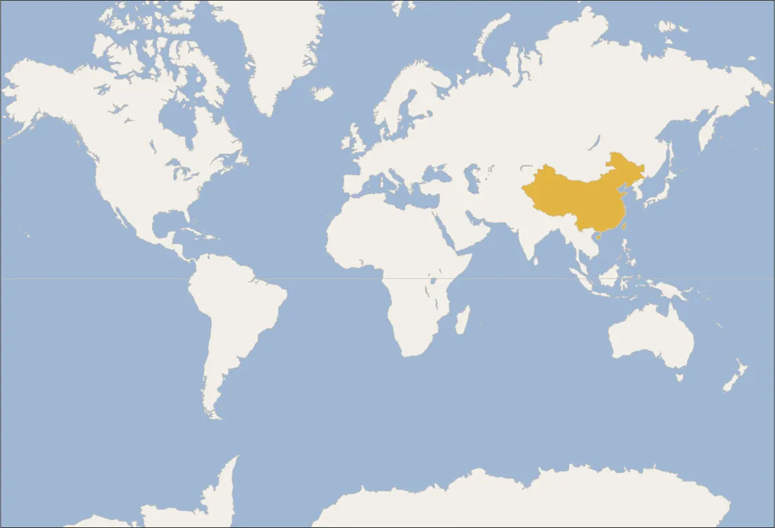 A map of the world is shown. The country of China, located in the southeastern portion of Asia along the China Sea is highlighted yellow.