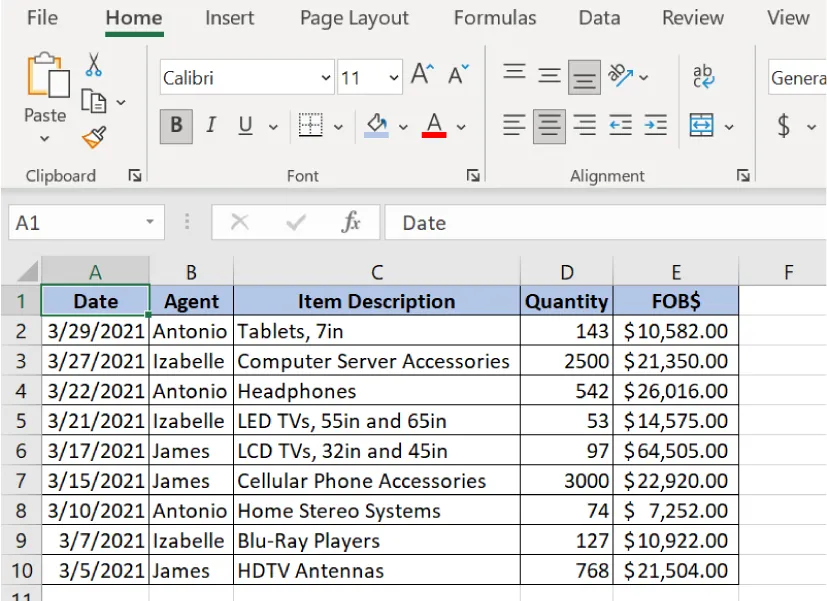 Cell A1 is selected in a spreadsheet with Date in the formula bar.