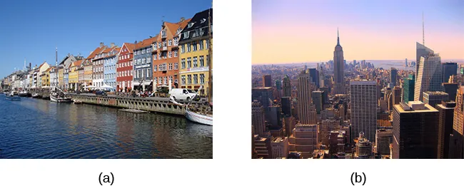 Photograph A shows a row of buildings by the water in Denmark. Photograph B shows an aerial view of a city in the United States including several skyscrapers.