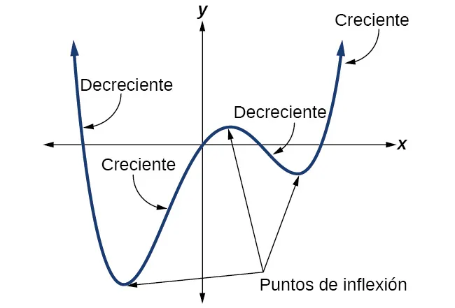 Gráfico de un polinomio de grado impar con coeficiente principal negativo. Observe que, cuando x va al infinito positivo, f(x) va al infinito negativo, y cuando x va al infinito negativo, f(x) va al infinito positivo.