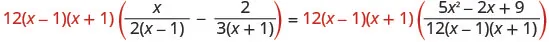 An algebraic equation showing the multiplication of both sides by 12(x-1)(x+1) to eliminate fractional terms, a common step in solving rational equations.