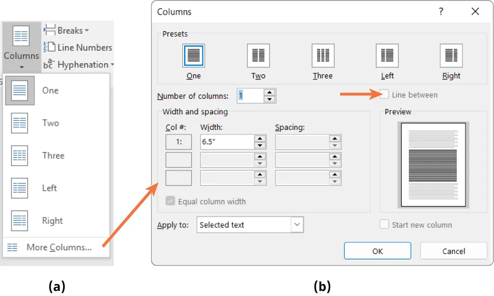 (a) Columns button lists options: One, Two, Three, Left, Right, More Columns (selected). (b) Columns pane offers options for Presets, Number of columns, Line between, Width/spacing, Preview, Apply to, Start new column.