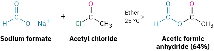 The reaction of sodium formate with acetyl chloride in ether at twenty-five degrees Celsius forms acetic formic anhydride (sixty-four percent). The product structure has two carbonyl groups attached to a central oxygen atom.