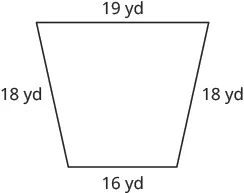 A trapezoid with horizontal top length of 19 yards, the side lengths are 18 yards and are diagonal, and the horizontal bottom length is 16 yards.