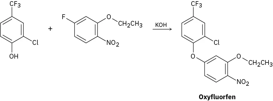 A substituted phenol and a substituted aryl fluoride react with each other in the presence of potassium hydroxide to form oxyfluorfen where the two starting materials are joined to one another by an oxygen atom.