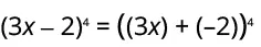 The image shows the mathematical identity (3x - 2) raised to the power of 4, which is expressed as being equal to the sum of (3x) and (-2), all raised to the power of 4. This demonstrates rewriting a subtraction within parentheses as an addition of a negative number.