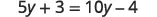 A mathematical equation is displayed, reading '5y + 3 = 10y - 4' in black text on a white background, representing an algebraic problem.