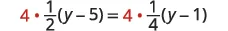 A mathematical equation displays the multiplication of 4 by 1/2(y-5) on the left side, and 4 by 1/4(y-1) on the right side, with the number 4 highlighted in red.