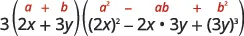A mathematical expression 3(2x + 3y)((2x)^2 - 2x * 3y + (3y)^3) is shown. Red annotations 'a', 'b', 'a^2', 'ab', 'b^2' suggest an algebraic identity, but the last term is cubed, not squared.