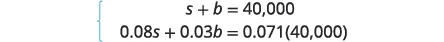 A mathematical problem displaying a system of two linear equations: s + b = 40,000 and 0.08s + 0.03b = 0.071(40,000). A brace groups the equations together.