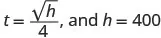 The equations t equals square root of h divided by 4, and h equals 400.