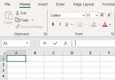A screenshot of a MS Excel document showing the home menu and rows and columns. Cell A1 is highlighted in green and the cursor is in the Formula bar.