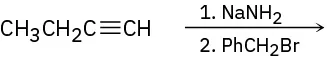 A C4 terminal alkyne reacts with sodium amide and phenyl methyl bromide.