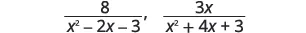 Two algebraic fractions are displayed side-by-side. The first fraction is 8 over (x^2 - 2x - 3), followed by a prime symbol. The second fraction is 3x over (x^2 + 4x + 3).