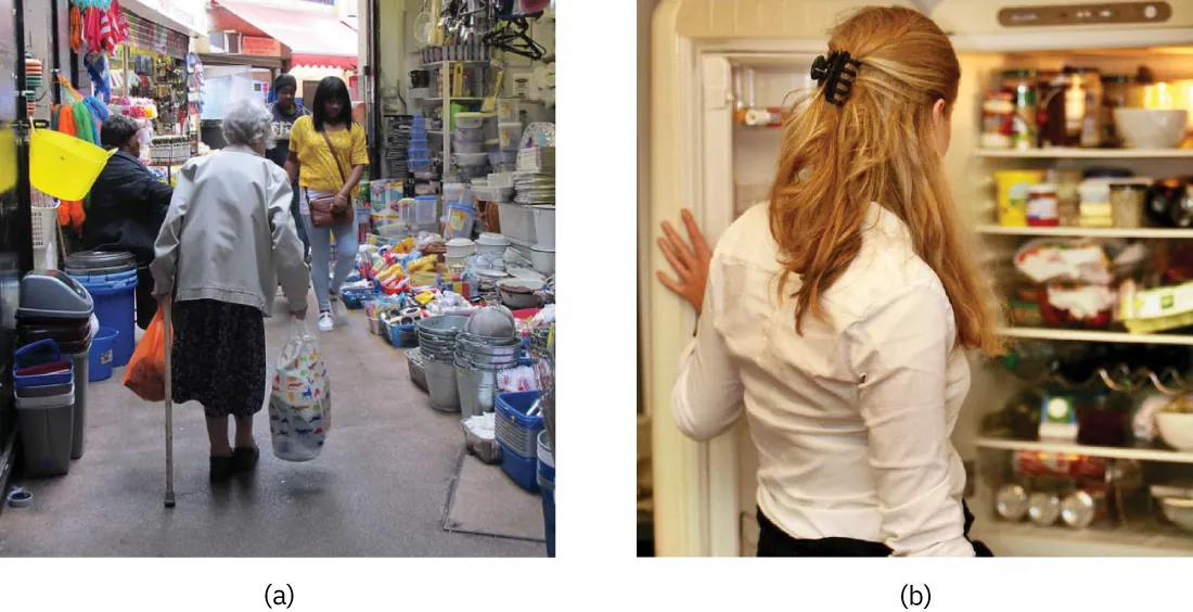 Photo of (a) an older individual walking with a cane, carrying a bag in a market and (b) an individual standing in front of an open refrigerator.