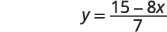A mathematical equation shows y equals the fraction (15 minus 8x) all over 7. It is written as y = (15 - 8x) / 7.