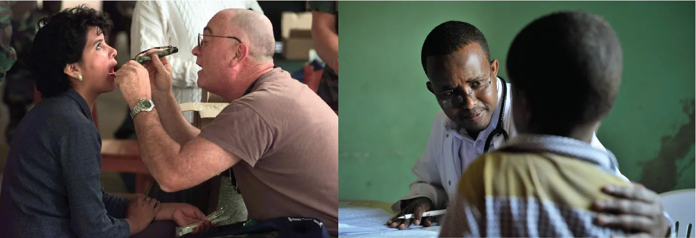 (left) This photograph shows a dentist looking into a woman’s mouth. (right) Photo shows an adult and child in a medical setting.