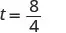 A mathematical equation displays 't = 8/4' on a white background, representing the variable t being equal to the fraction eight divided by four.