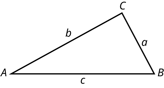 A triangle, A B C. A B measures c. A C measures b. C B measures a.