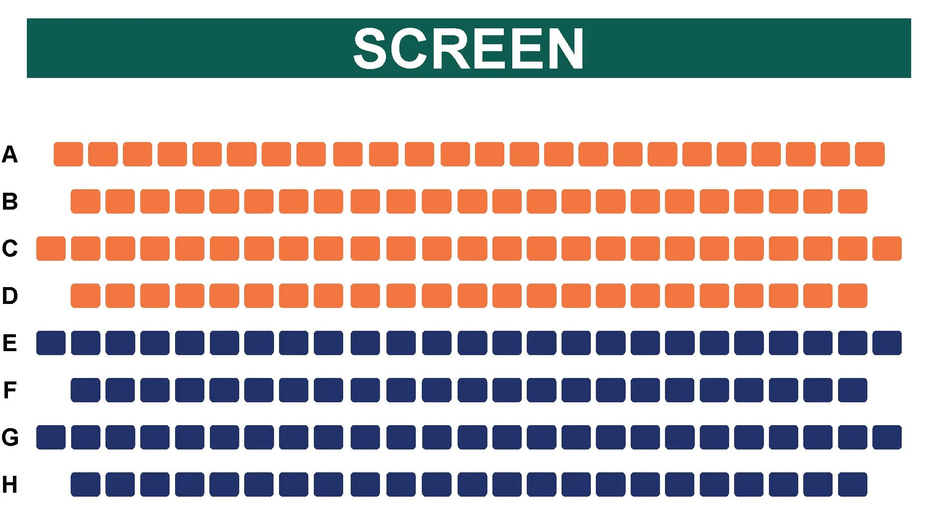 Auditorium seating chart with color-coded rows. Some rows are orange, indicating different seat types, while other rows are navy blue. "Screen" at the top.