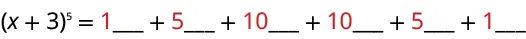 A mathematical expression displays the binomial expansion of (x+3) to the power of 5, showing the coefficients 1, 5, 10, 10, 5, and 1, with blank spaces for the variable terms.