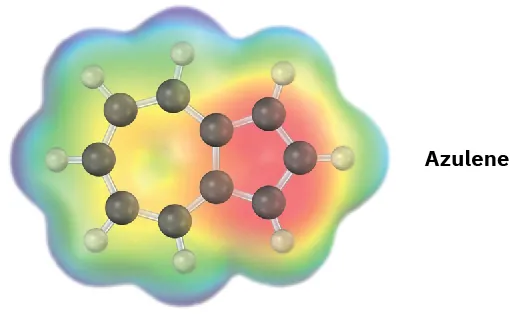 The ball-and-stick model with the electrostatic potential map of azulene. In the structure, a seven-membered ring is fused with a 5-membered ring.