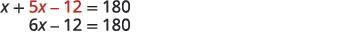 Two lines of an algebraic equation are shown. The first line is x + 5x - 12 = 180. The second line, which simplifies the first, reads 6x - 12 = 180.